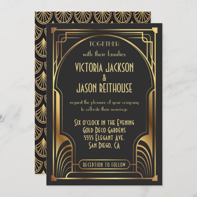 Invitation Mariage Art Déco Nouveau Or et Noir (Devant / Derrière)