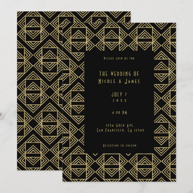 Invitation Mariage Art Déco Or et Noir Audacieux Rétro Glamou (Devant / Derrière)