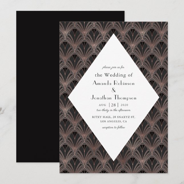 Invitation Mariage Art Déco Or Rose et Noir (Devant / Derrière)