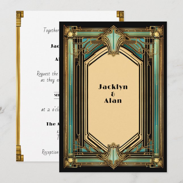 Invitation Mariage Art Déco Or Turquoise Noir (Devant / Derrière)