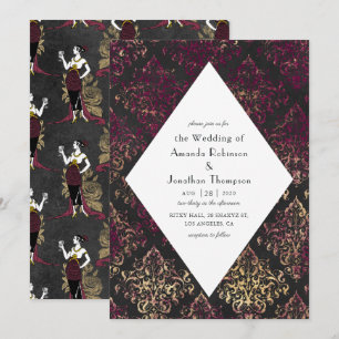 Invitation Mariage Art Déco Paris Bourgogne et Or Faux Vin