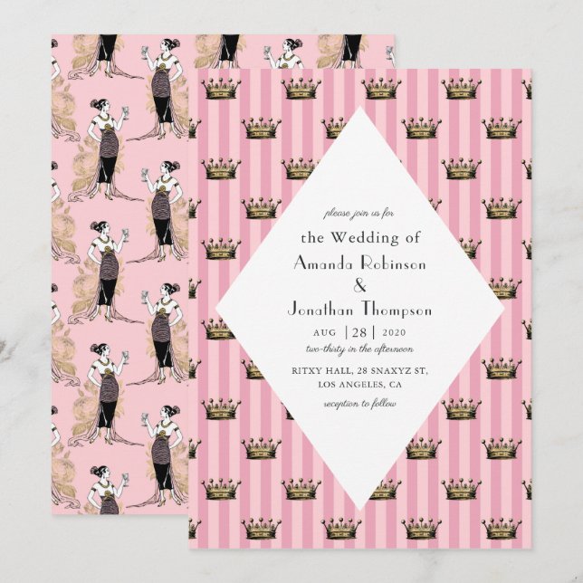 Invitation Mariage Art Déco Paris couleur rose et or (Devant / Derrière)