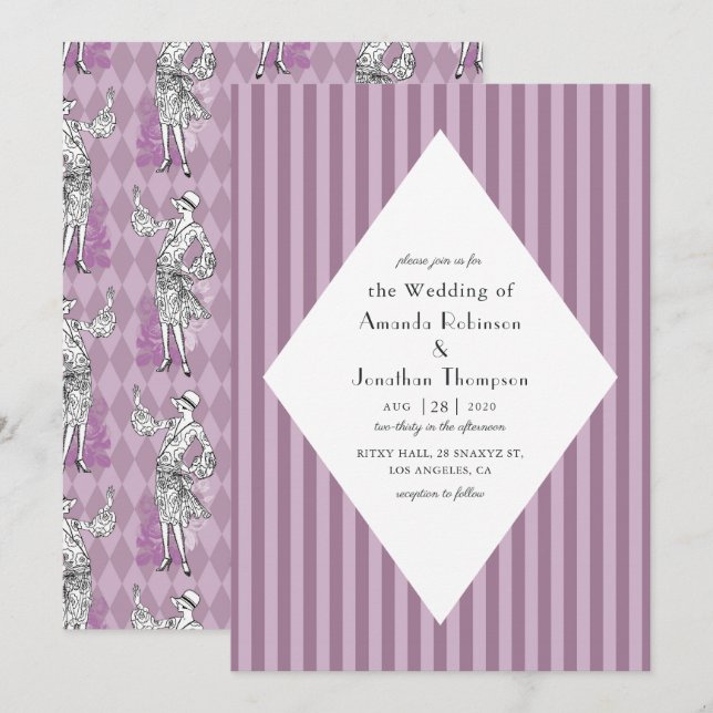 Invitation Mariage Art Déco Paris Rose et Violet (Devant / Derrière)
