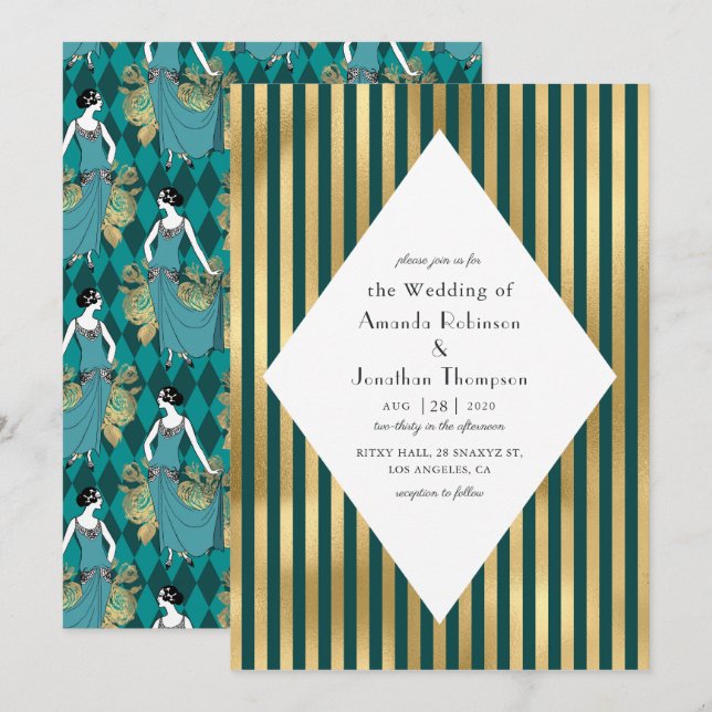 Invitation Mariage Art Déco Paris Turquoise et Or (Devant / Derrière)