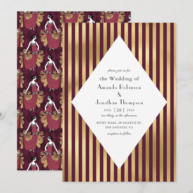 Invitation Mariage Art Déco Parisien Rouge Bourgogne et Or (Devant / Derrière)