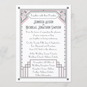 Invitation Mariage Art Déco Rose Pâle et Gris Gatsby