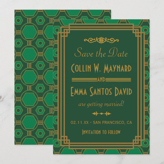 Invitation Mariage Art Déco Vert Enregistrez La Date (Devant / Derrière)