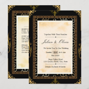 Invitation Mariage Art Déco Vintage Noir et Or