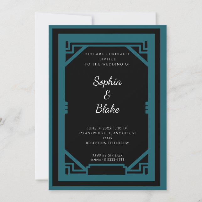 Invitation Mariage Art Déco Vintage Noir et Vert (Devant)