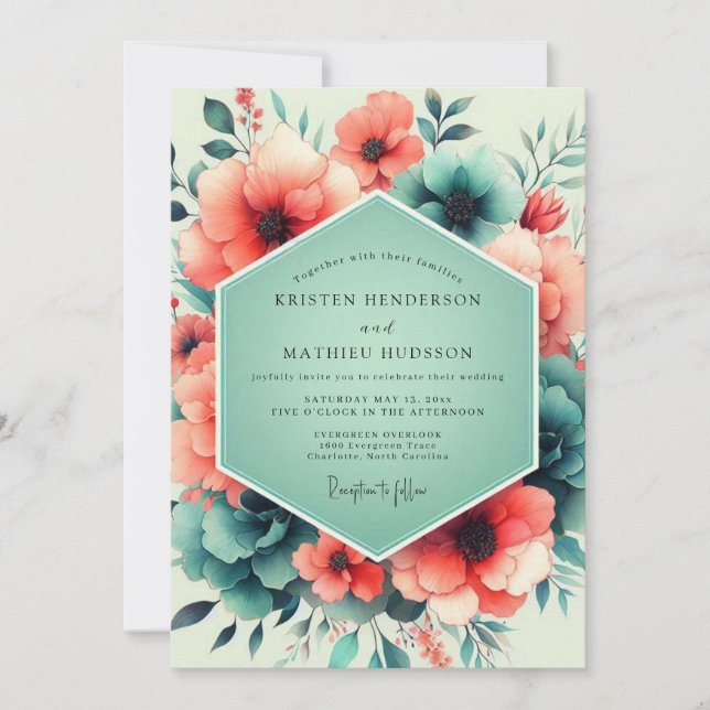 Invitation Mariage Art floral Corail Sarcelle (Devant)