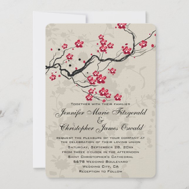 Invitation Mariage Art Floral de Cerisier de Style Oriental (Devant)