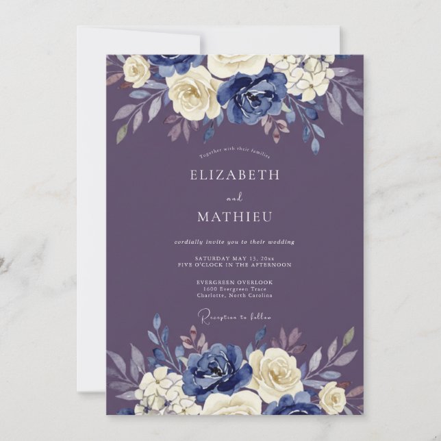 Invitation Mariage Art Floral Indigo (Devant)