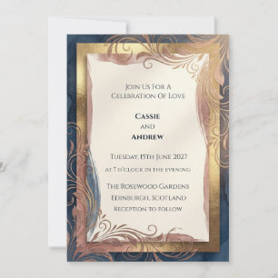 Invitation Mariage Art Nouveau Bleu Ardoise et Or Rose