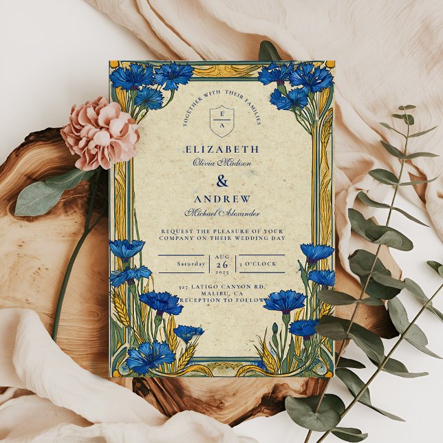 Invitation Mariage Art Nouveau Bleu Centaurée (Créateur téléchargé)