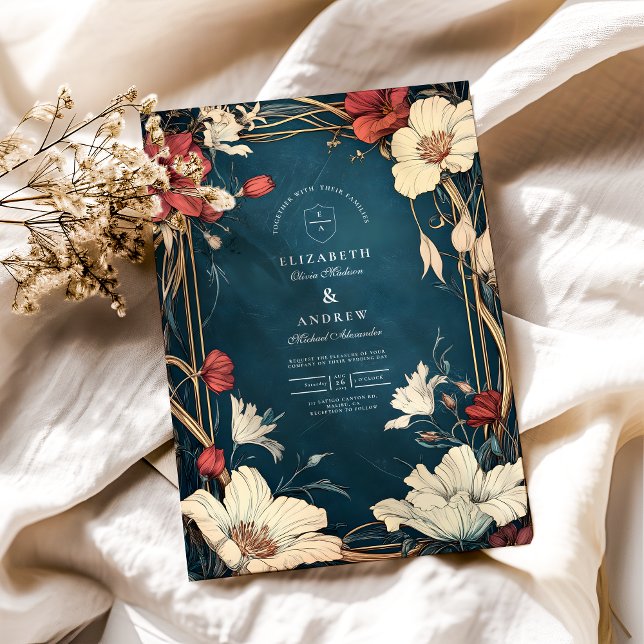 Invitation Mariage Art Nouveau Bleu Nuit (Créateur téléchargé)