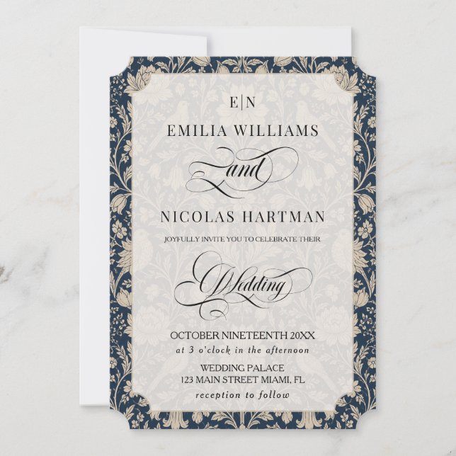Invitation Mariage Art Nouveau Bleu Nuit (Devant)