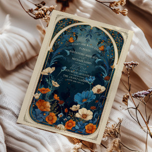Invitation Mariage Art Nouveau Bleu Nuit Vintage
