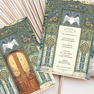 Invitation Mariage Art Nouveau Bleu, Or, Arche Verte