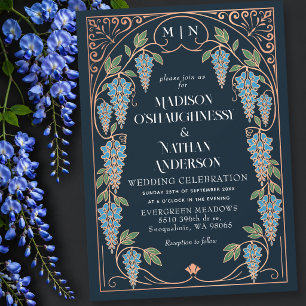 Invitation Mariage Art Nouveau Bleu Wisteria Or Rose