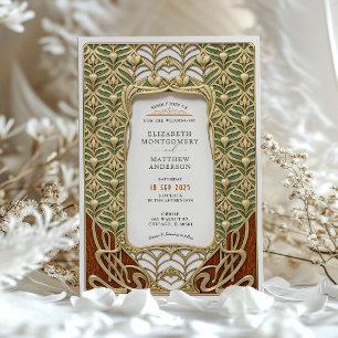 Invitation Mariage Art nouveau élégant or et vert