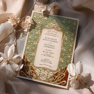 Invitation Mariage Art nouveau élégant or et vert