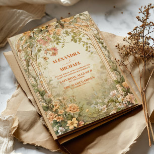 Invitation Mariage Art Nouveau Floral Vert Olive Vintage