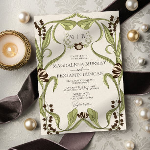 Invitation Mariage Art Nouveau Floral Vintage Brun Espresso