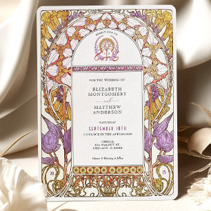 Invitation Mariage Art Nouveau Iris Pourpre & Lys Jaune