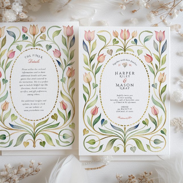 Invitation Mariage Art nouveau or tulipe & coeurs (Créateur téléchargé)