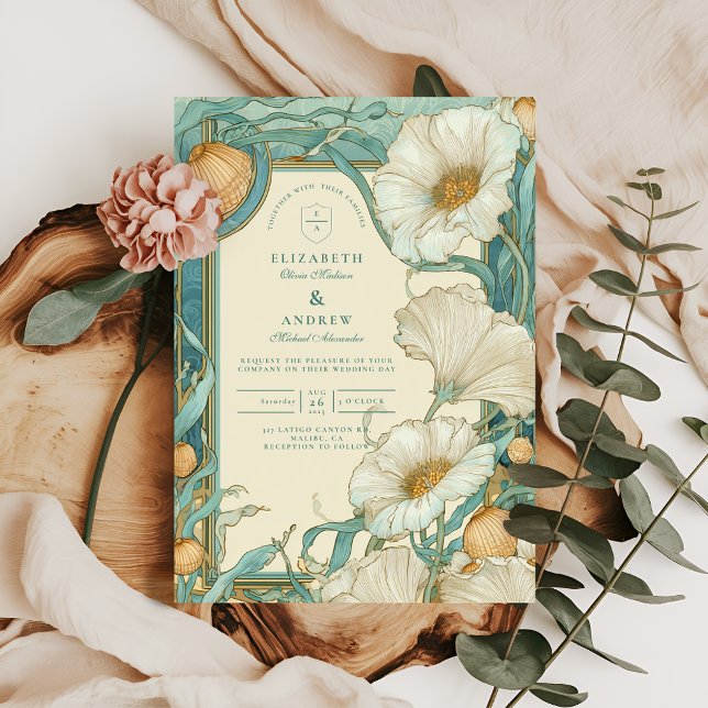 Invitation Mariage Art Nouveau Poppy Blanc (Créateur téléchargé)