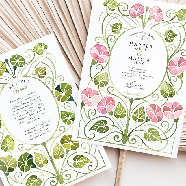 Invitation Mariage Art Nouveau Rose Feuillage Végétal (Créateur téléchargé)