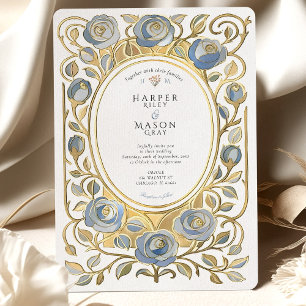Invitation Mariage Art Nouveau Roses Bleu Poussiéreux et Or