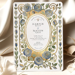 Invitation Mariage Art Nouveau Roses Bleues Poussiéreuses et