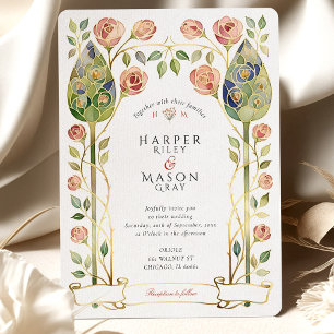 Invitation Mariage Art Nouveau Verre Teinté Rose Or
