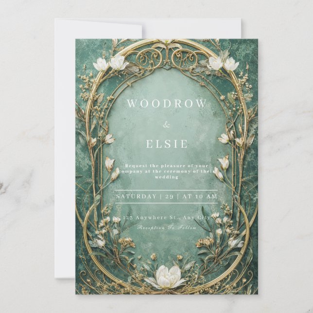 Invitation Mariage Art nouveau vert mousse mer filigrane doré (Devant)