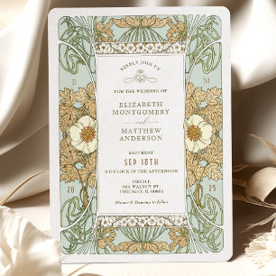 Invitation Mariage Art Nouveau vert sauge doré Alphonse Mucha