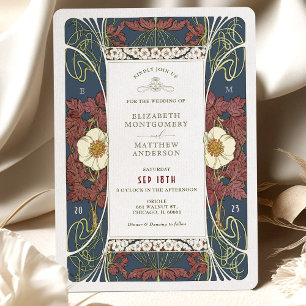 Invitation Mariage Art Nouveau vintage Bourgogne bleu marine