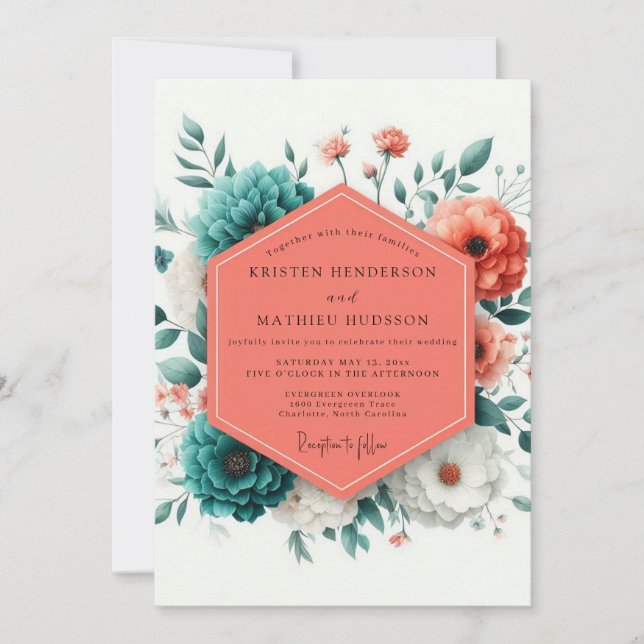 Invitation Mariage Artful Bloom Corail Viridian (Devant)