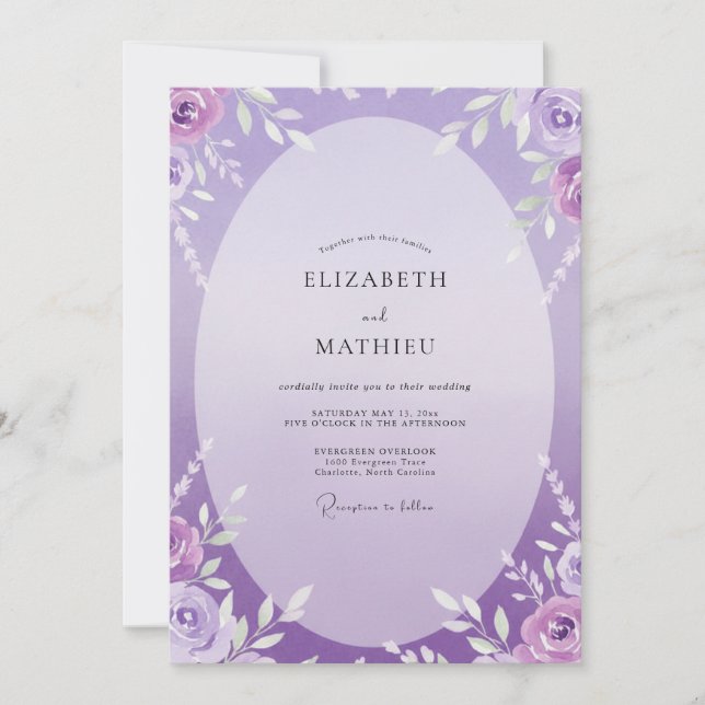 Invitation Mariage Artisanal Améthyste Feuillage Peint (Devant)