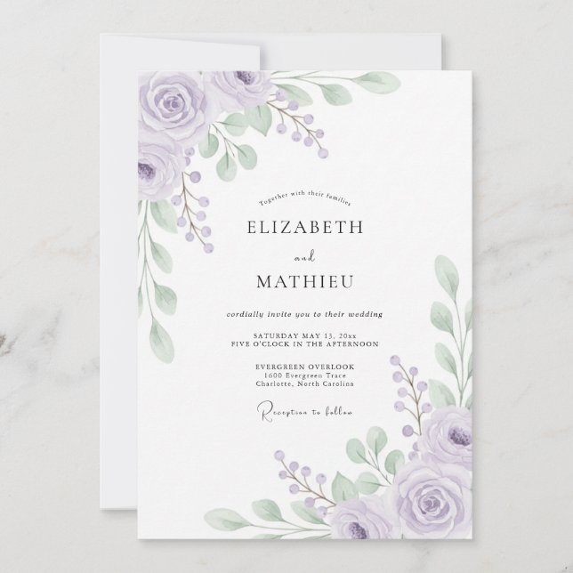 Invitation Mariage Artisanal aux Feuilles Violettes Clair (Devant)