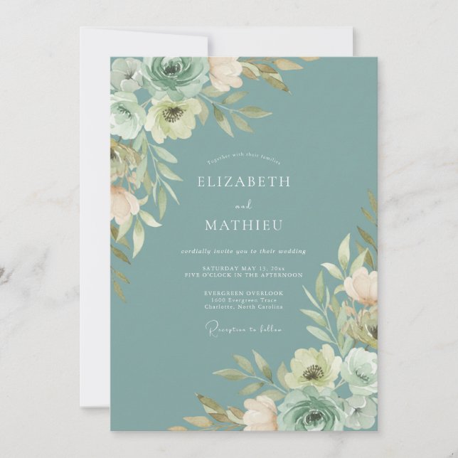 Invitation Mariage Artisanal Feuillage Peint sur Fond Mousse  (Devant)