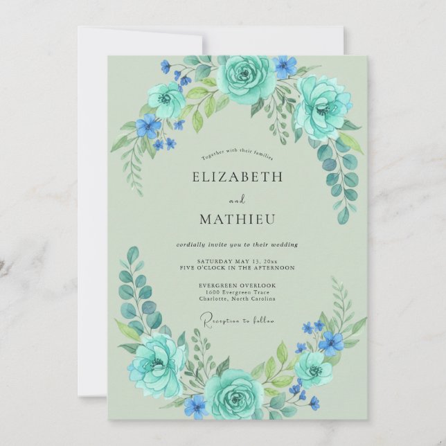 Invitation Mariage Artisanal Feuille de Menthe Aqua (Devant)