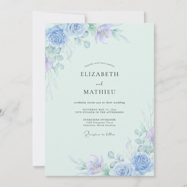 Invitation Mariage Artisanal Feuille de Menthe Pâle Periwinkl (Devant)