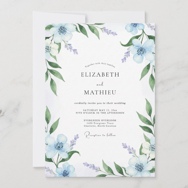 Invitation Mariage Artisanal Foliage Peint en Azure (Devant)