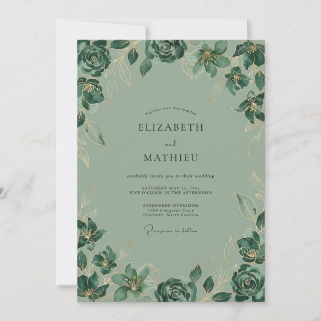 Invitation Mariage Artisitique de Style Naturel Vert Sauge (Devant)
