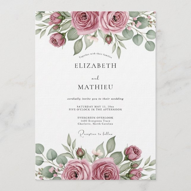Invitation Mariage Artistic Bloom Rose Poussiéreux (Devant)