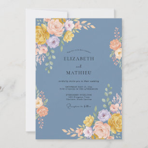 Invitation Mariage Artistic Fleurie Bleu Poussiéreux
