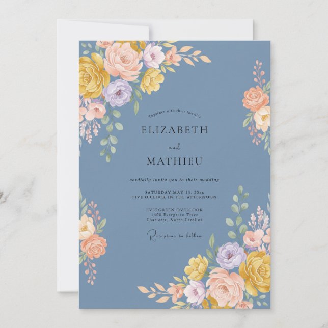 Invitation Mariage Artistic Fleurie Bleu Poussiéreux (Devant)