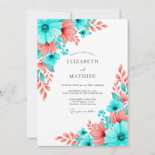 Invitation Mariage artistique à floraison de corail sarcelle
