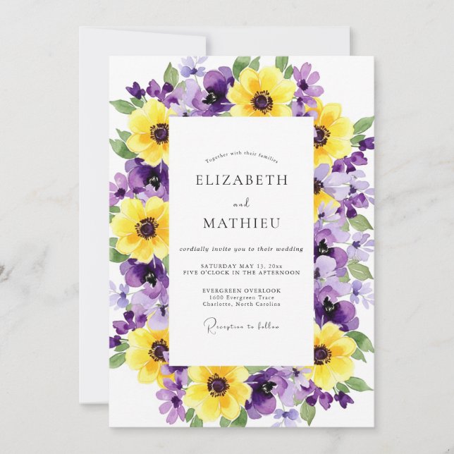 Invitation Mariage artistique à floraison jaune violet (Devant)